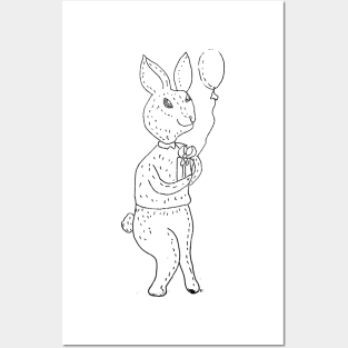 Rabbit with a gift, holiday, congratulations. Hand drawn illustration sketch Posters and Art